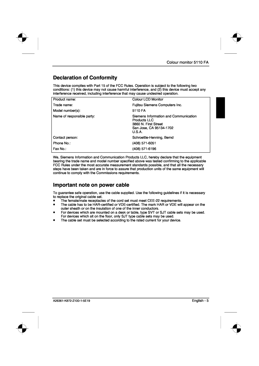 Fujitsu Siemens Computers manual Declaration of Conformity, Important note on power cable, Colour monitor 5110 FA 