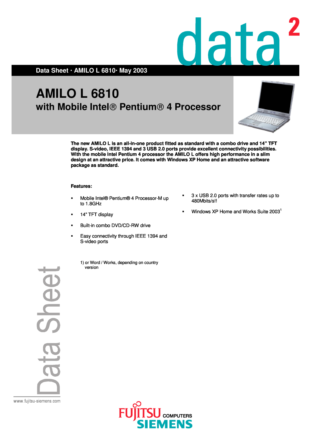 Fujitsu Siemens Computers manual Amilo L, with Mobile Intel Pentium 4 Processor, Data Sheet AMILO L 6810 May 