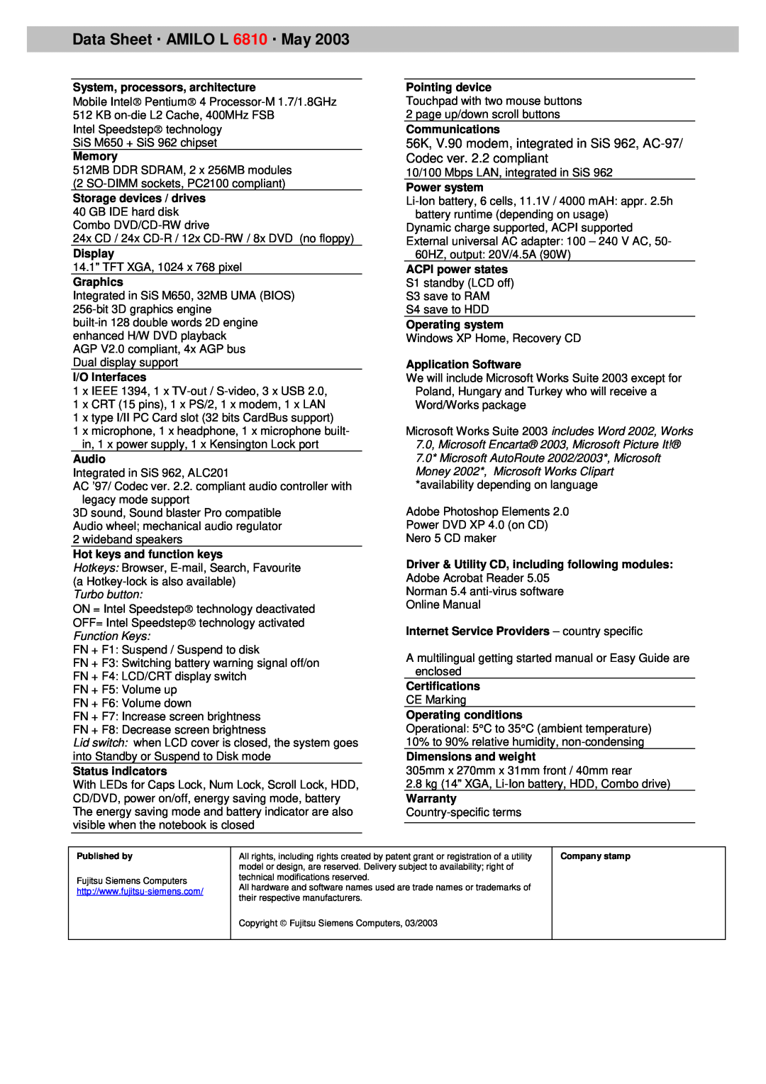 Fujitsu Siemens Computers manual Data Sheet AMILO L 6810 May, Turbo button 