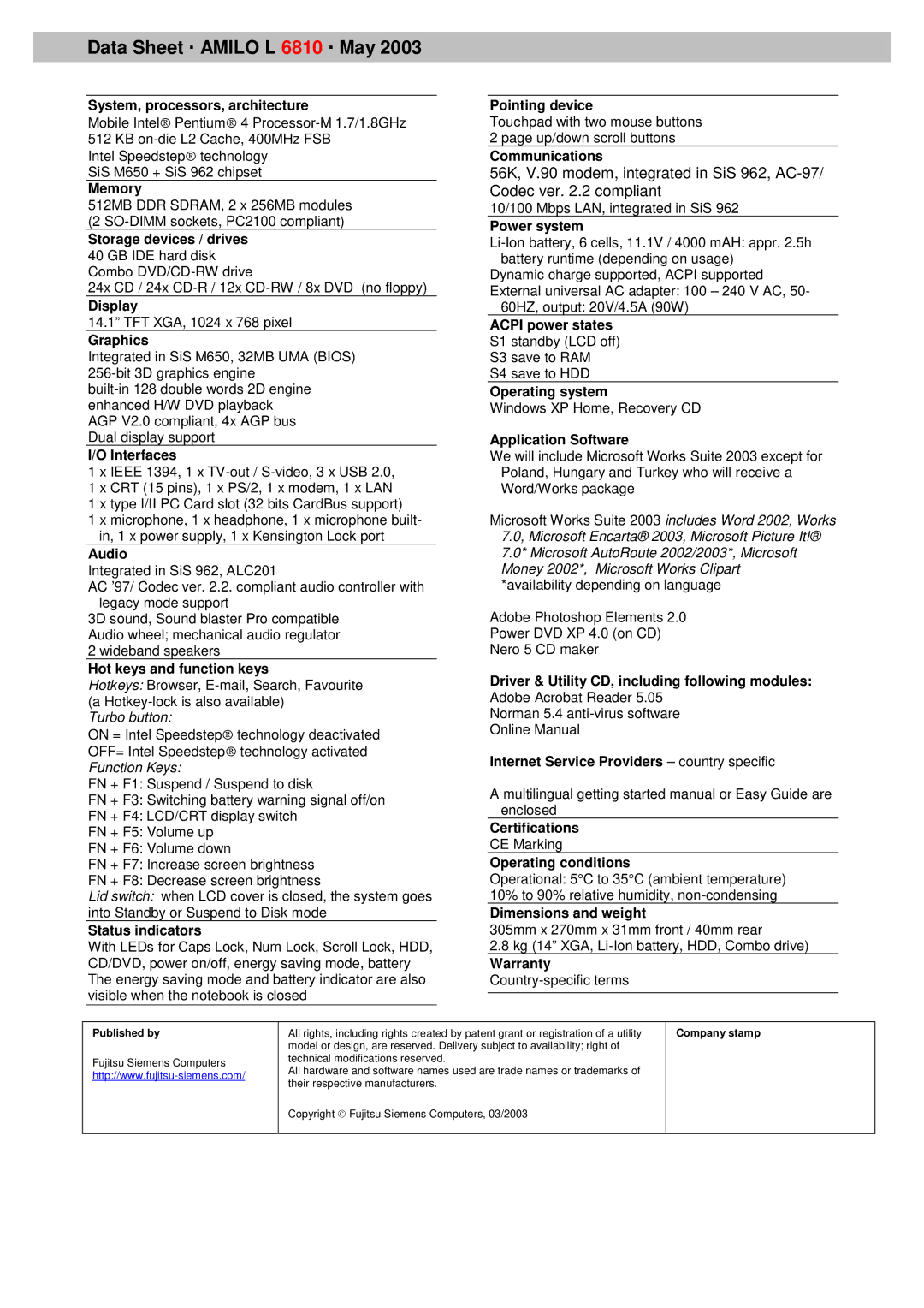 Fujitsu Siemens Computers 6810 manual System, processors, architecture, Memory, Display, Graphics, Interfaces, Audio 