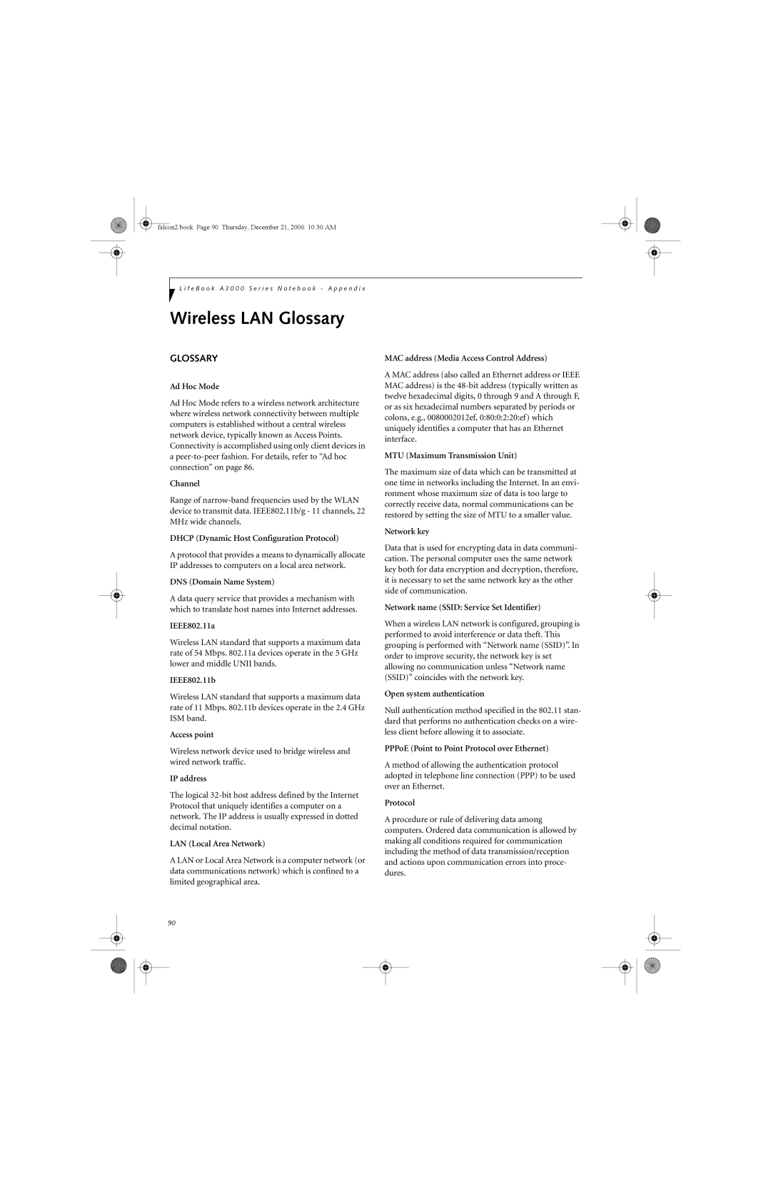 Fujitsu Siemens Computers A3120 manual Wireless LAN Glossary 