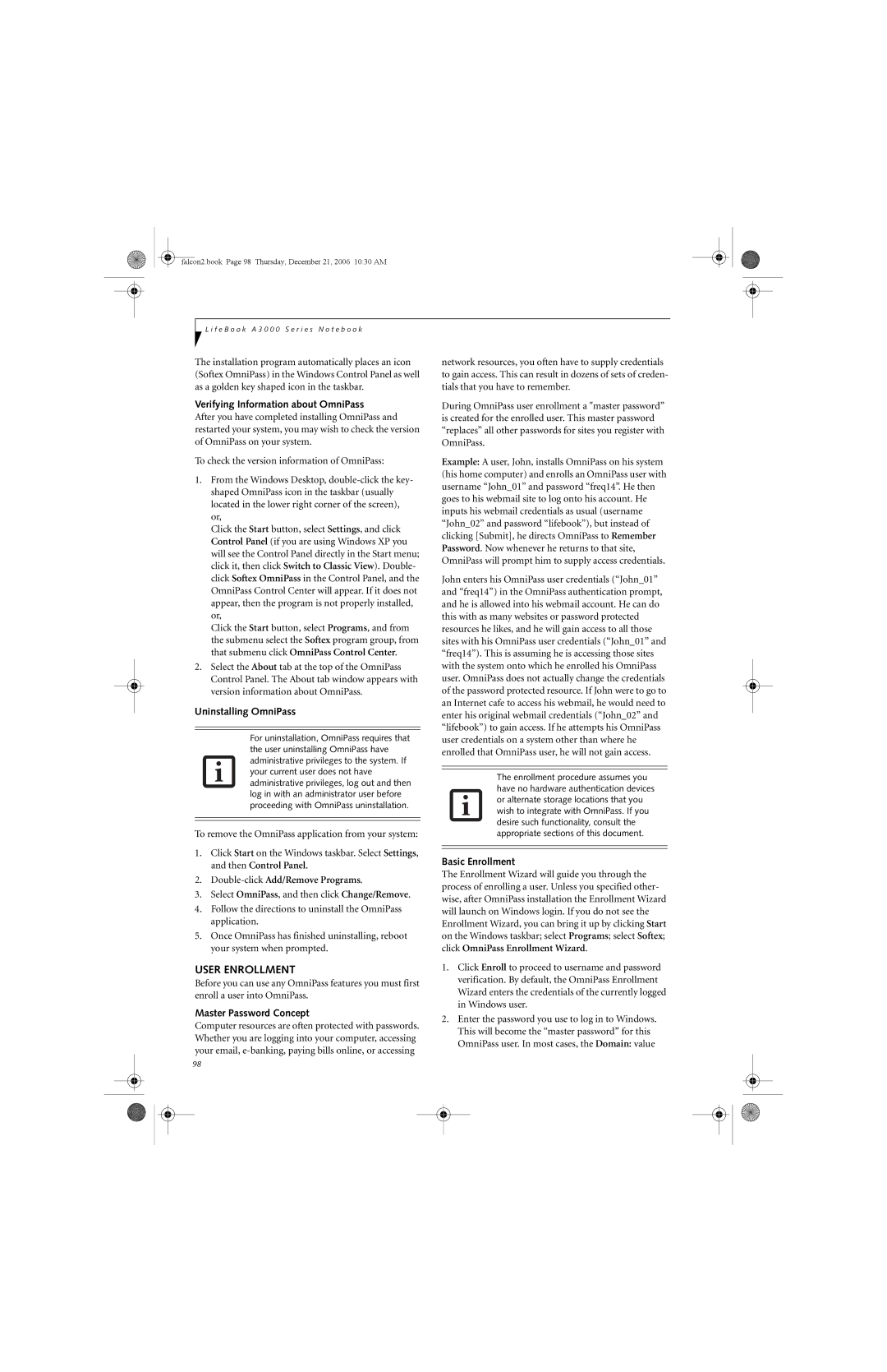 Fujitsu Siemens Computers A3120 manual User Enrollment, Verifying Information about OmniPass, Uninstalling OmniPass 