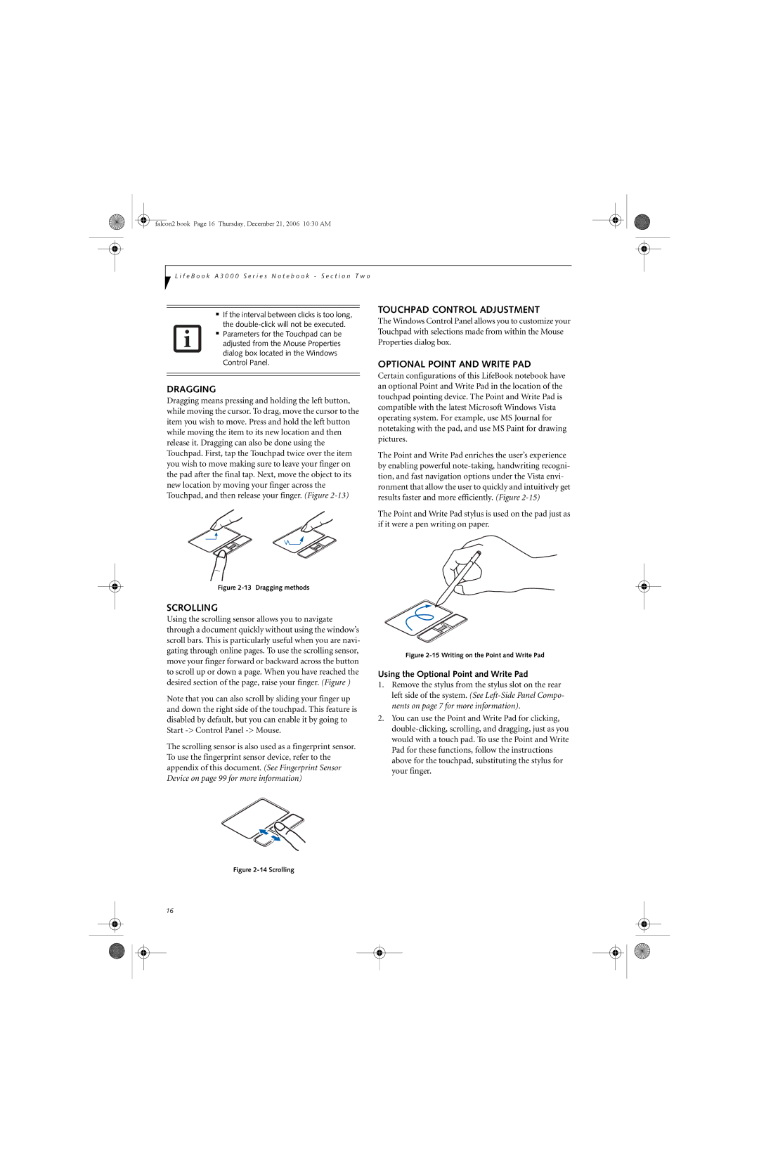 Fujitsu Siemens Computers A3120 manual Dragging, Touchpad Control Adjustment, Optional Point and Write PAD, Scrolling 
