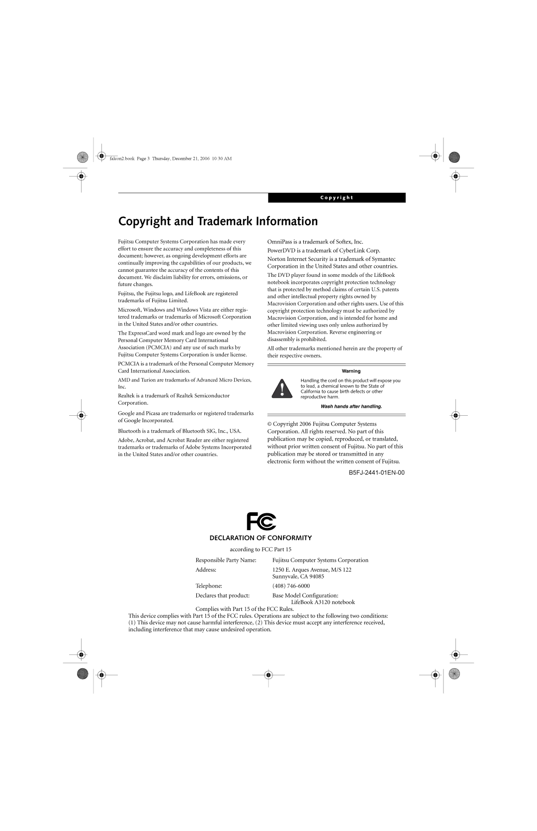 Fujitsu Siemens Computers A3120 manual Copyright and Trademark Information, Declaration of Conformity 