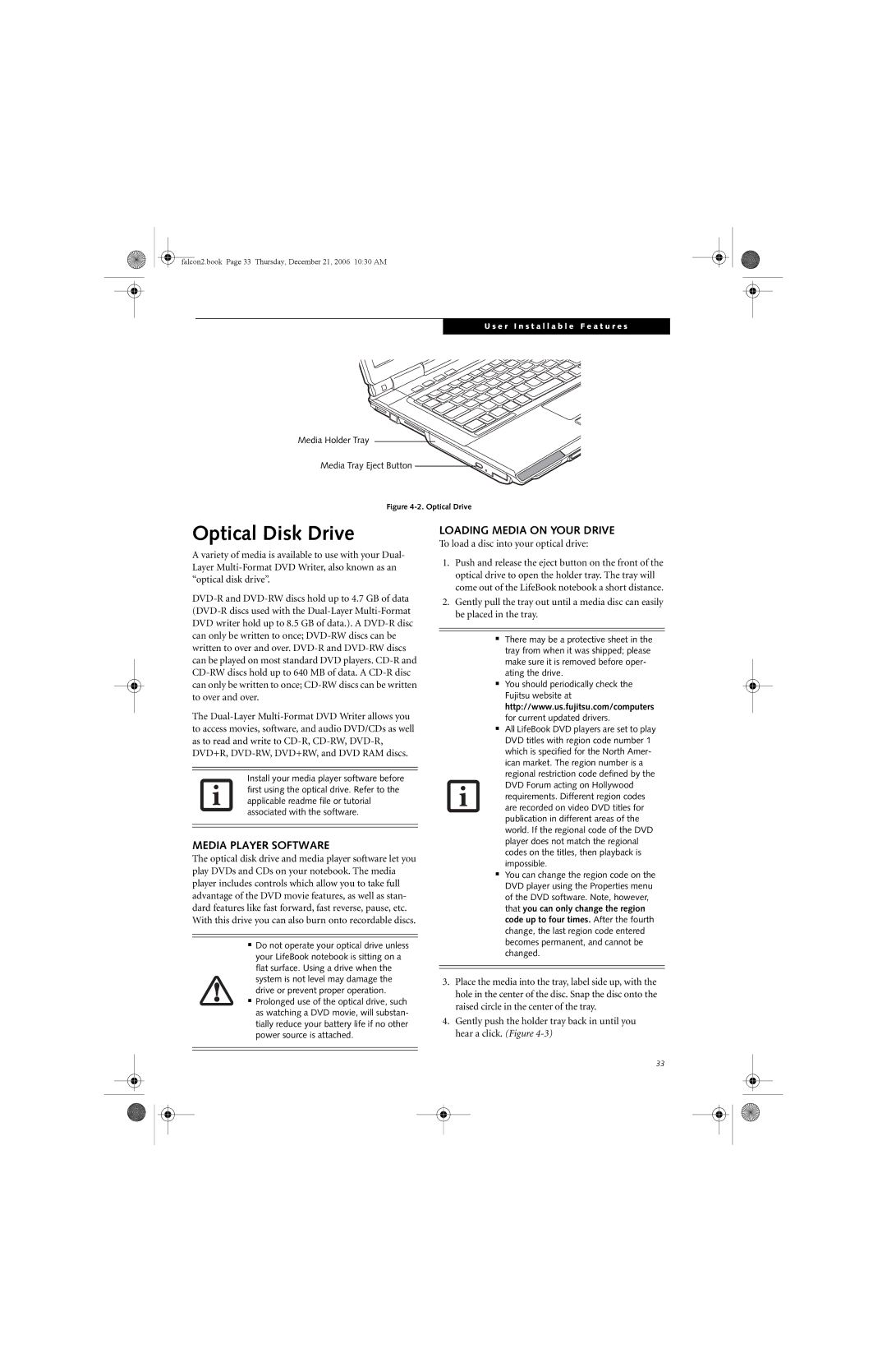 Fujitsu Siemens Computers A3120 manual Optical Disk Drive, Media Player Software, Loading Media on Your Drive 