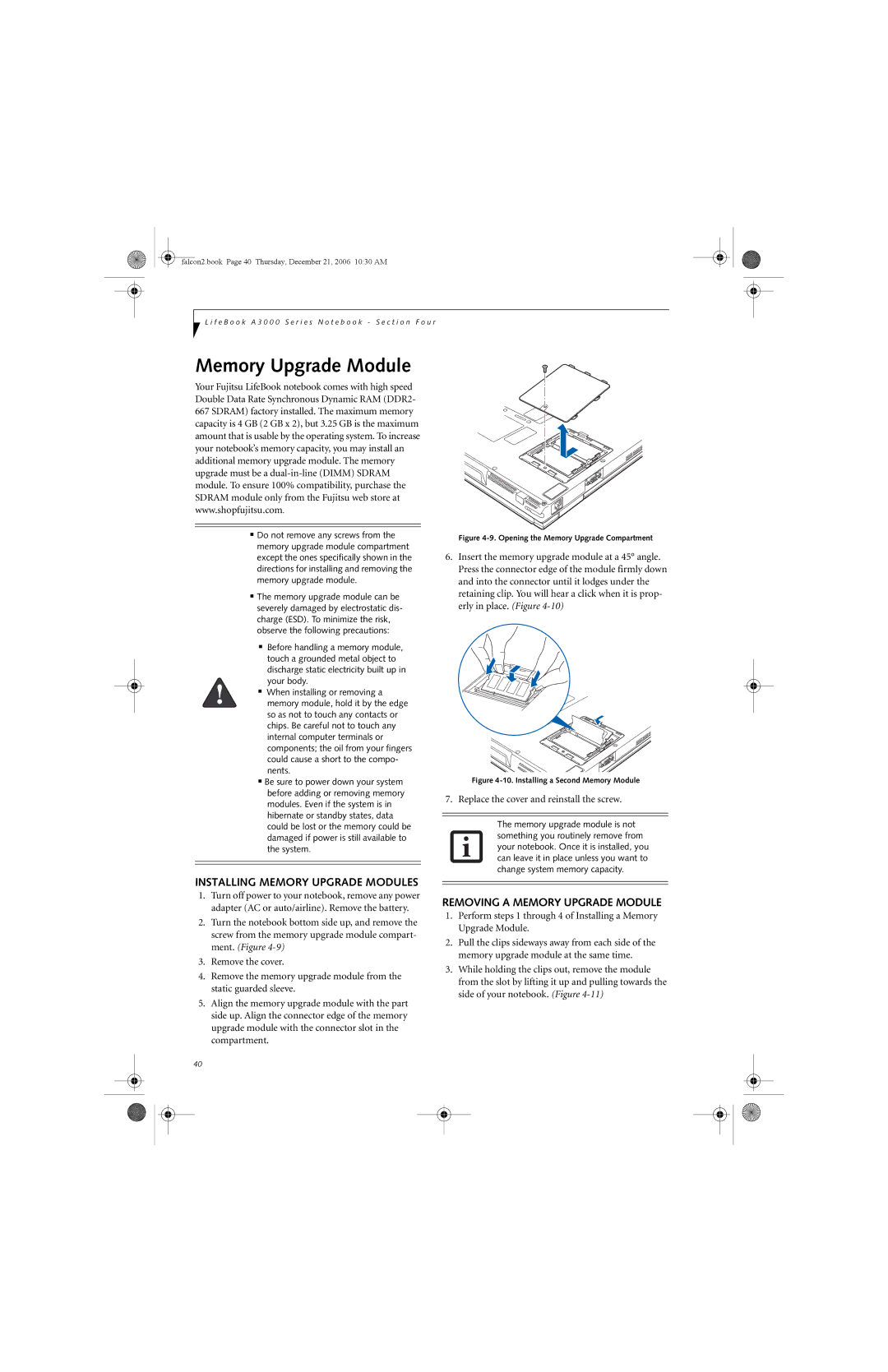Fujitsu Siemens Computers A3120 manual Installing Memory Upgrade Modules, Removing a Memory Upgrade Module 