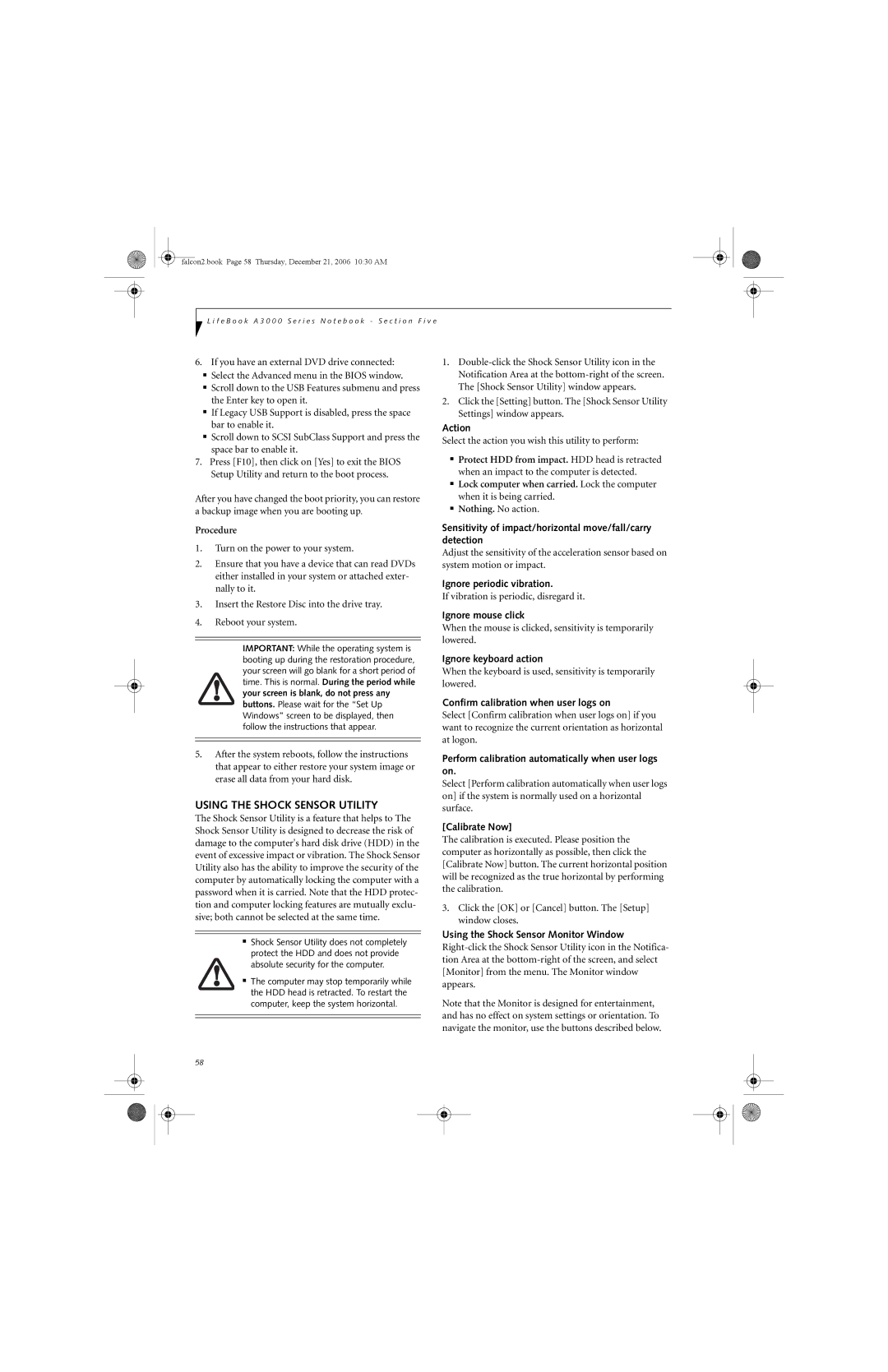 Fujitsu Siemens Computers A3120 manual Using the Shock Sensor Utility 