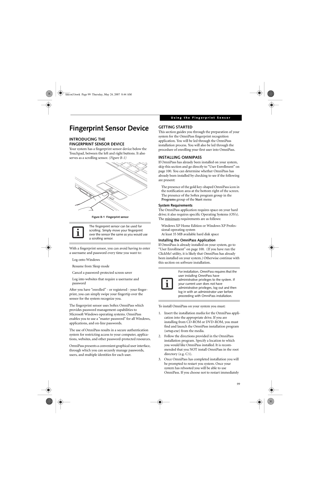 Fujitsu Siemens Computers A3130 manual Introducing Fingerprint Sensor Device, Getting Started, Installing Omnipass 