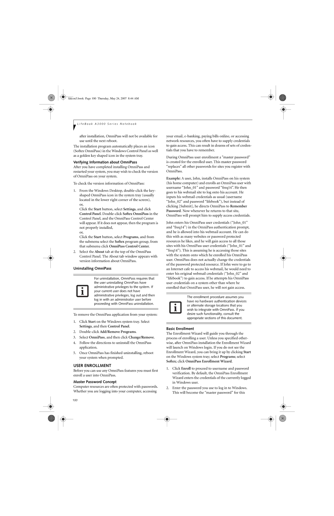 Fujitsu Siemens Computers A3130 manual User Enrollment, Verifying Information about OmniPass, Uninstalling OmniPass 