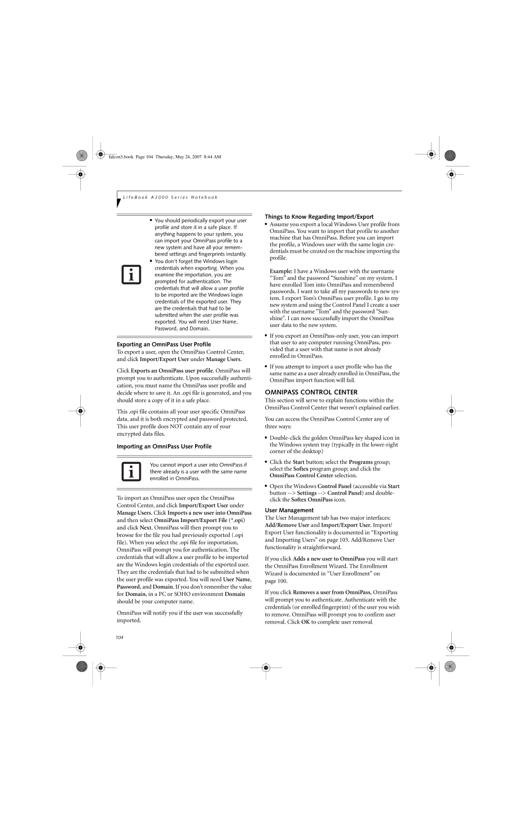 Fujitsu Siemens Computers A3130 manual Omnipass Control Center, Exporting an OmniPass User Profile, User Management 