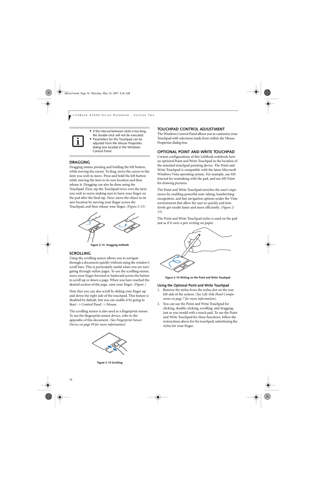 Fujitsu Siemens Computers A3130 manual Dragging, Touchpad Control Adjustment, Optional Point and Write Touchpad, Scrolling 
