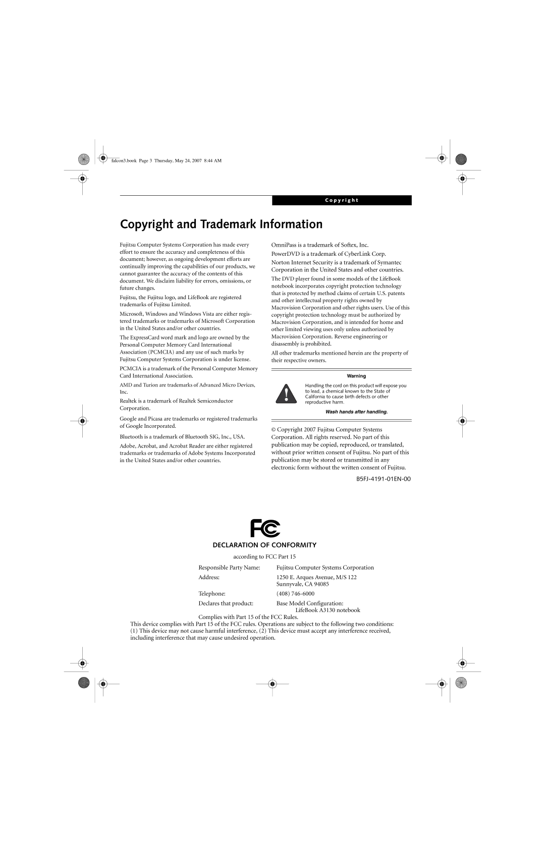 Fujitsu Siemens Computers A3130 manual Copyright and Trademark Information, Declaration of Conformity 