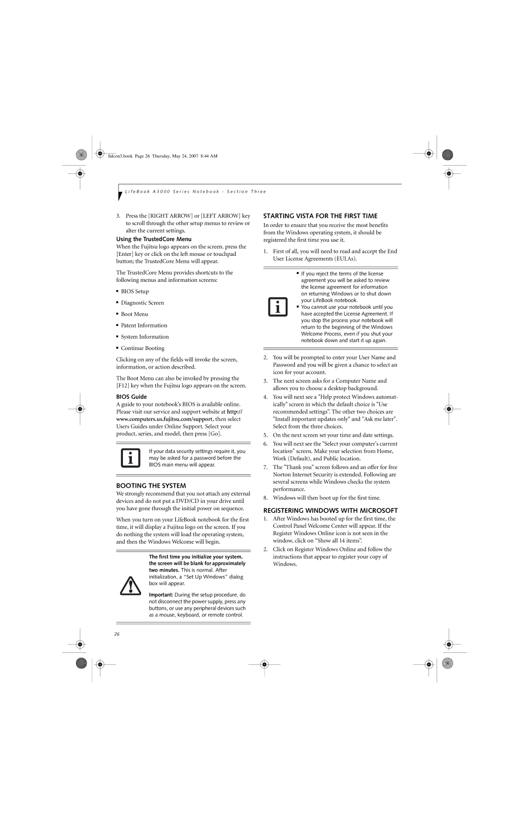 Fujitsu Siemens Computers A3130 Booting the System, Starting Vista for the First Time, Registering Windows with Microsoft 