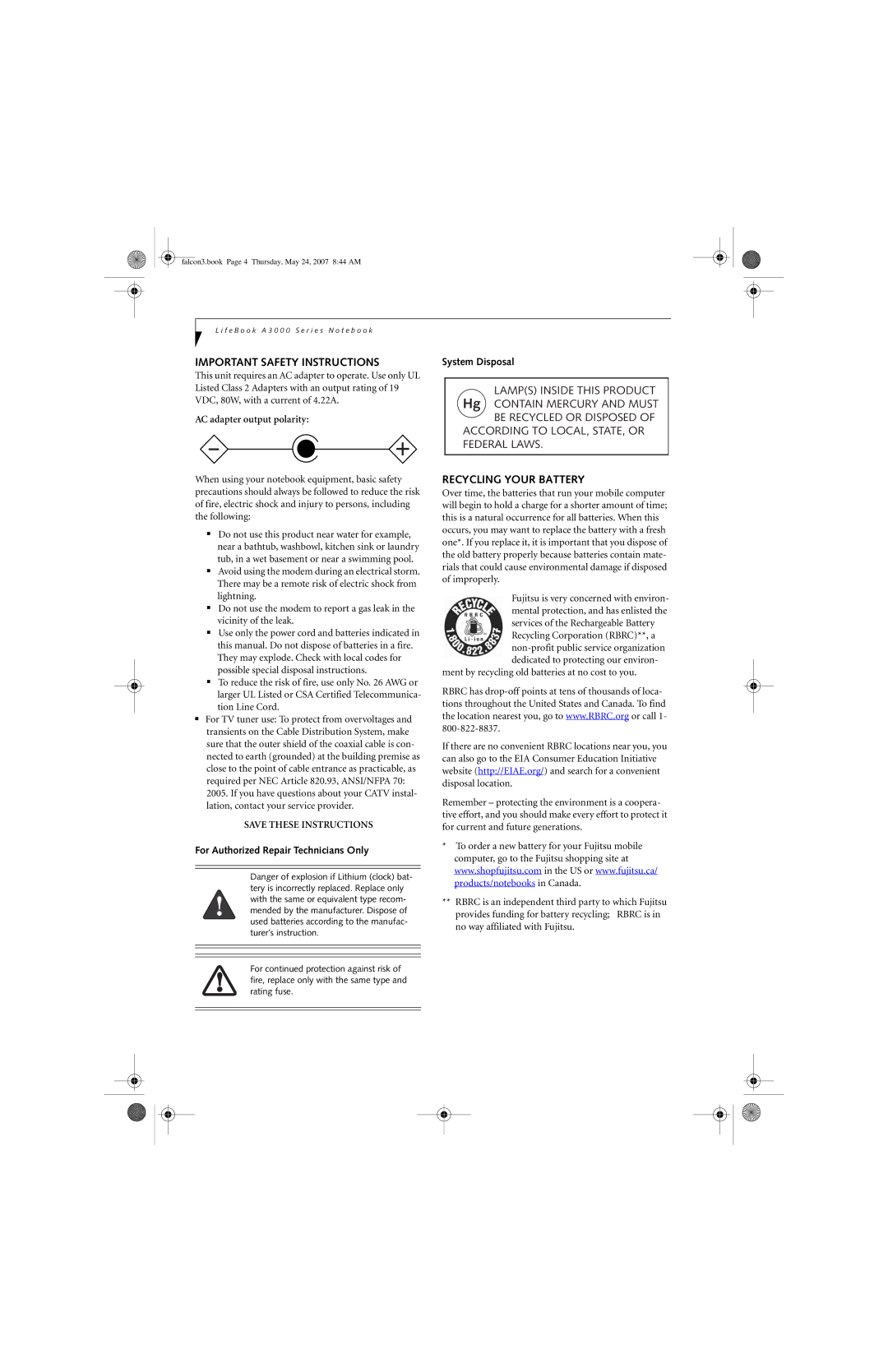 Fujitsu Siemens Computers A3130 manual Important Safety Instructions, Recycling Your Battery, AC adapter output polarity 