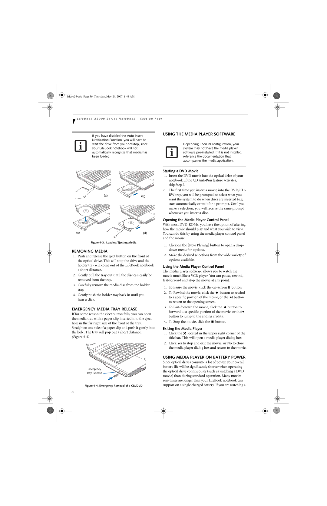 Fujitsu Siemens Computers A3130 manual Using the Media Player Software, Removing Media, Emergency Media Tray Release 