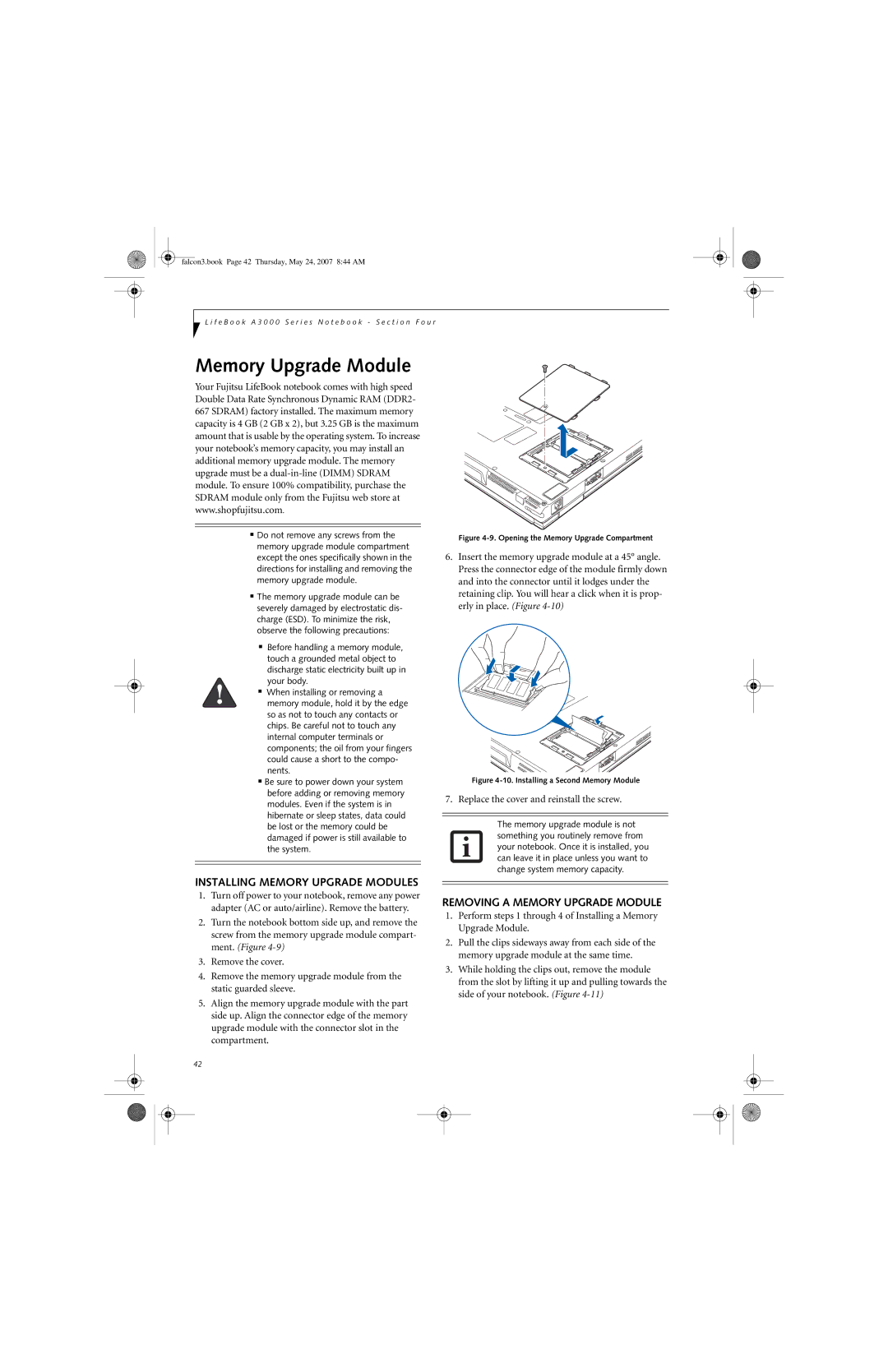 Fujitsu Siemens Computers A3130 manual Installing Memory Upgrade Modules, Removing a Memory Upgrade Module 