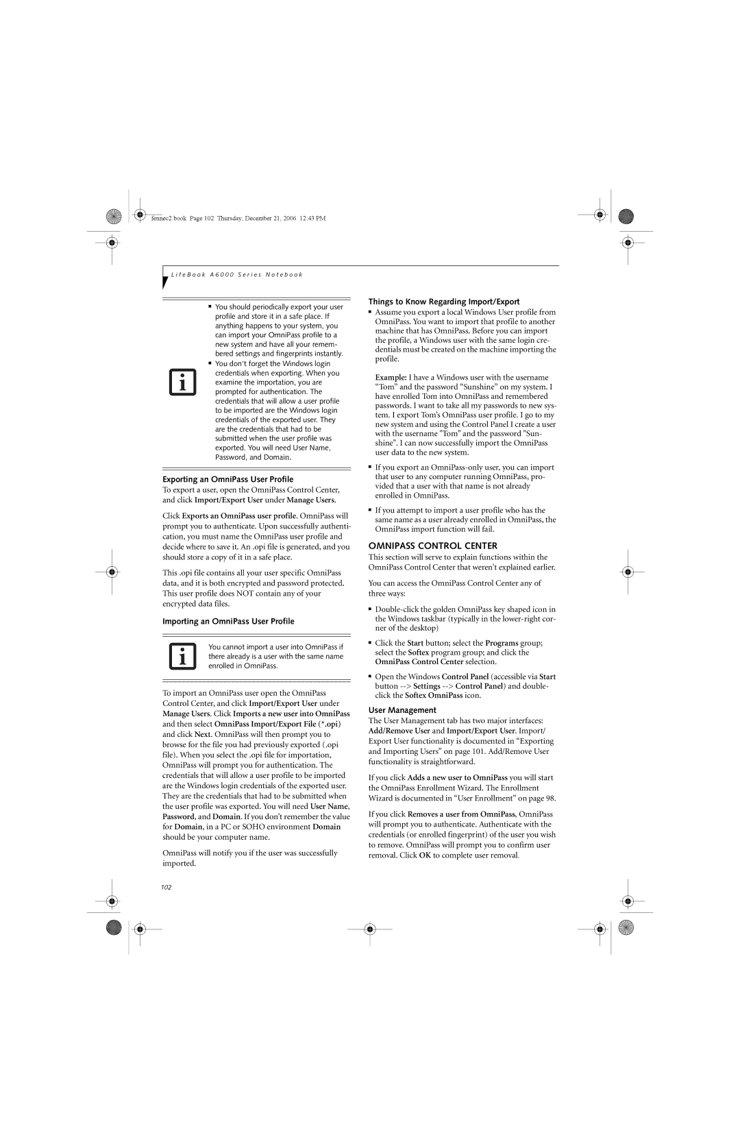 Fujitsu Siemens Computers A6020 manual Omnipass Control Center, Exporting an OmniPass User Profile, User Management 