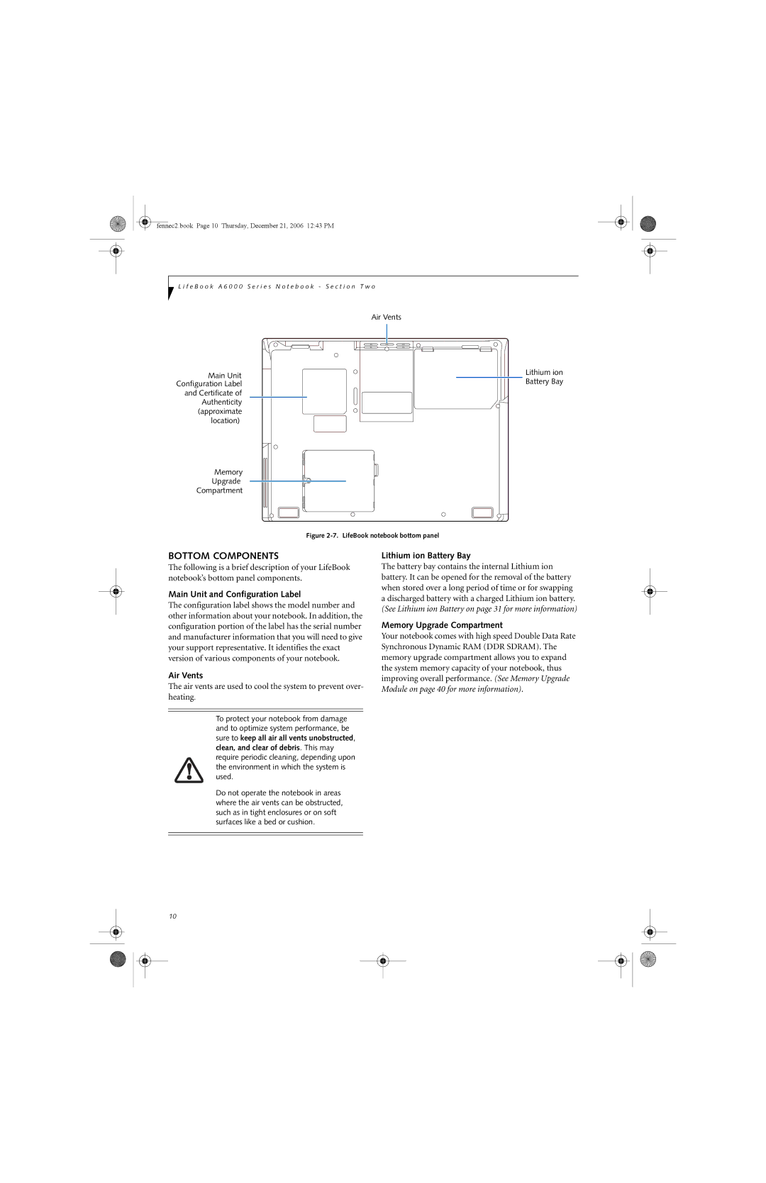 Fujitsu Siemens Computers A6020 manual Bottom Components, Main Unit and Configuration Label, Lithium ion Battery Bay 