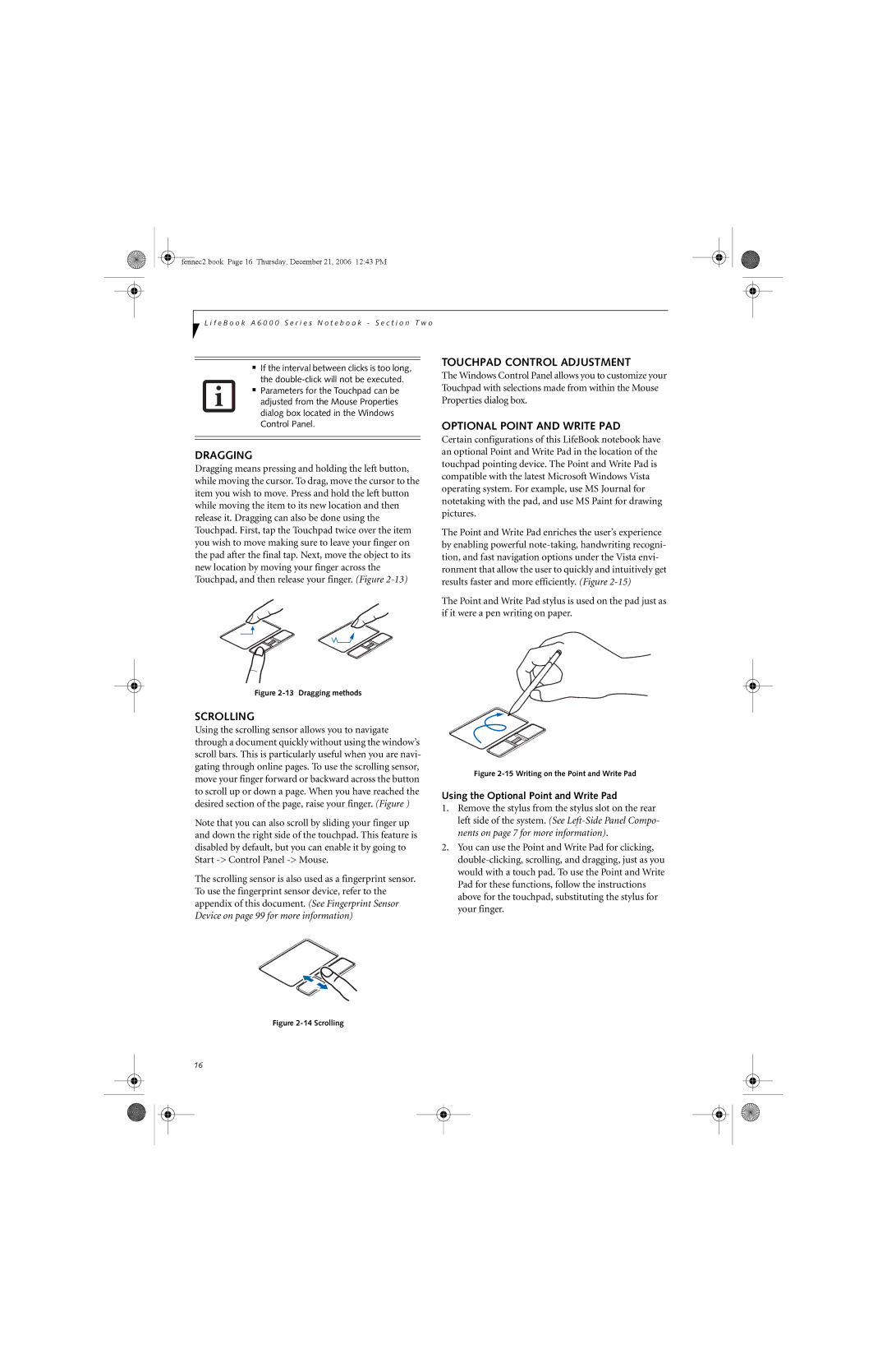 Fujitsu Siemens Computers A6020 manual Dragging, Touchpad Control Adjustment, Optional Point and Write PAD, Scrolling 