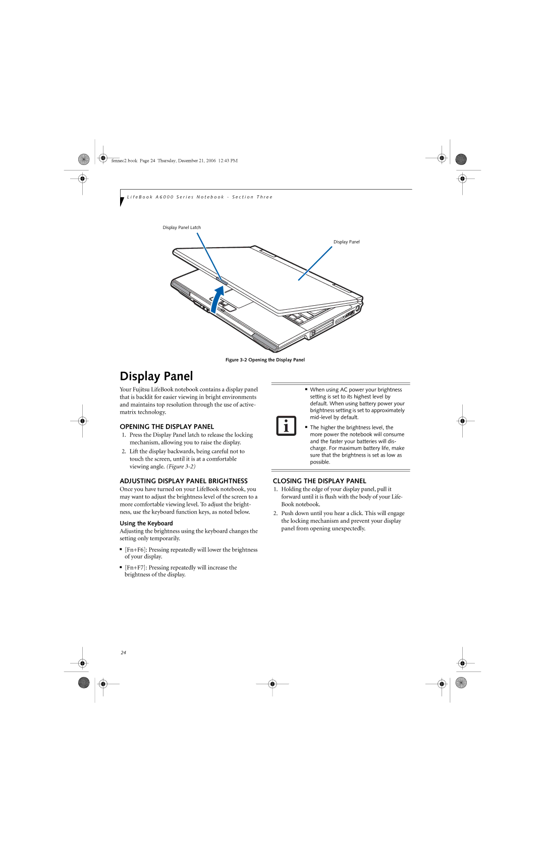 Fujitsu Siemens Computers A6020 Opening the Display Panel, Adjusting Display Panel Brightness, Using the Keyboard 