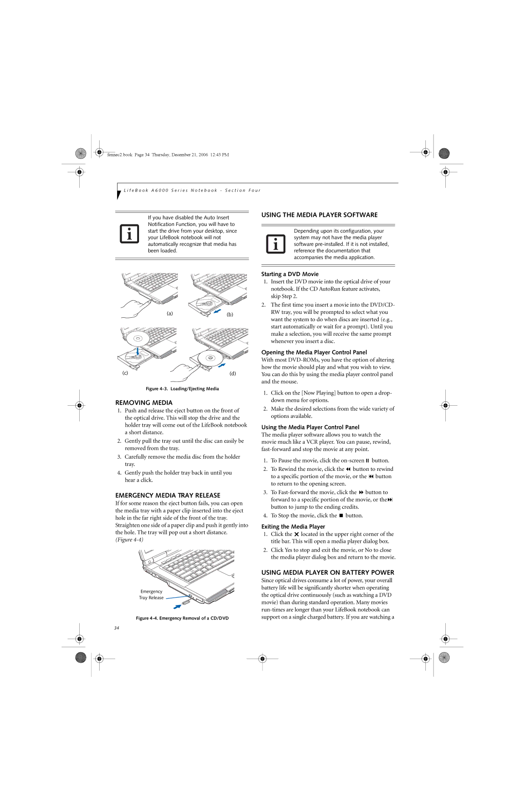 Fujitsu Siemens Computers A6020 manual Using the Media Player Software, Removing Media, Emergency Media Tray Release 