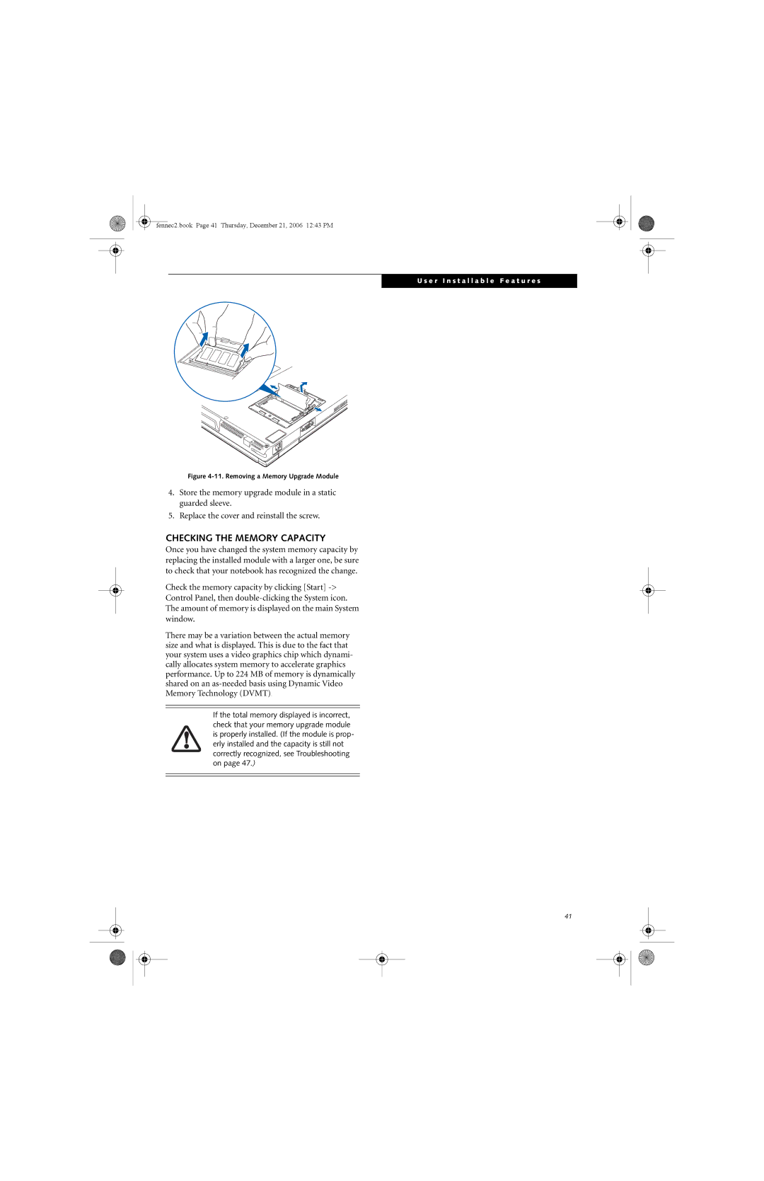 Fujitsu Siemens Computers A6020 manual Checking the Memory Capacity, Removing a Memory Upgrade Module 