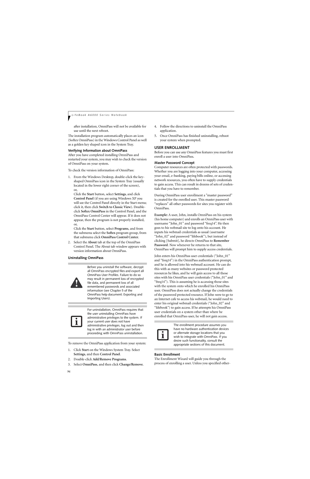 Fujitsu Siemens Computers A6025 manual User Enrollment, Verifying Information about OmniPass, Uninstalling OmniPass 