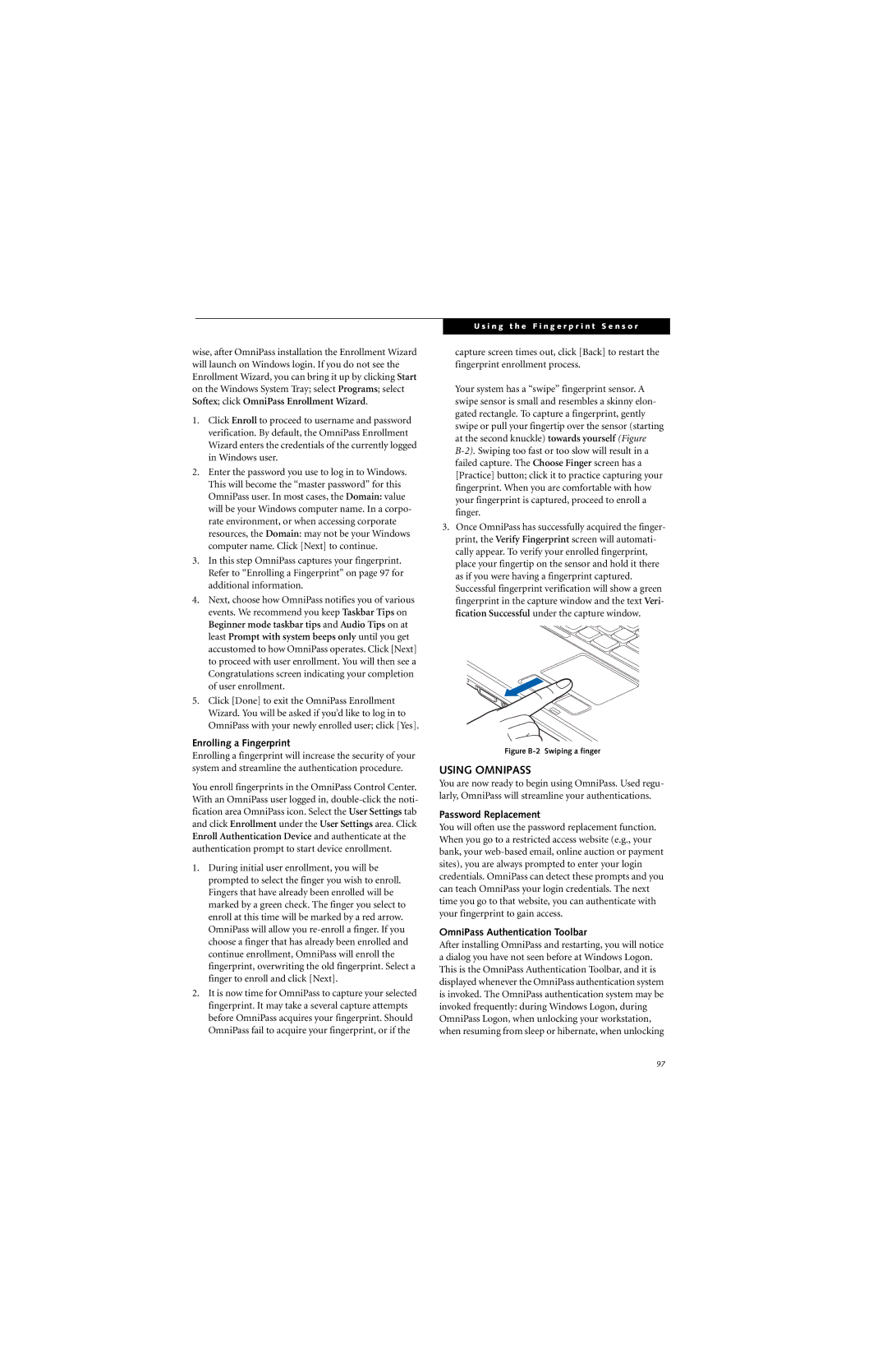 Fujitsu Siemens Computers A6025 manual Using Omnipass, Enrolling a Fingerprint, Password Replacement 