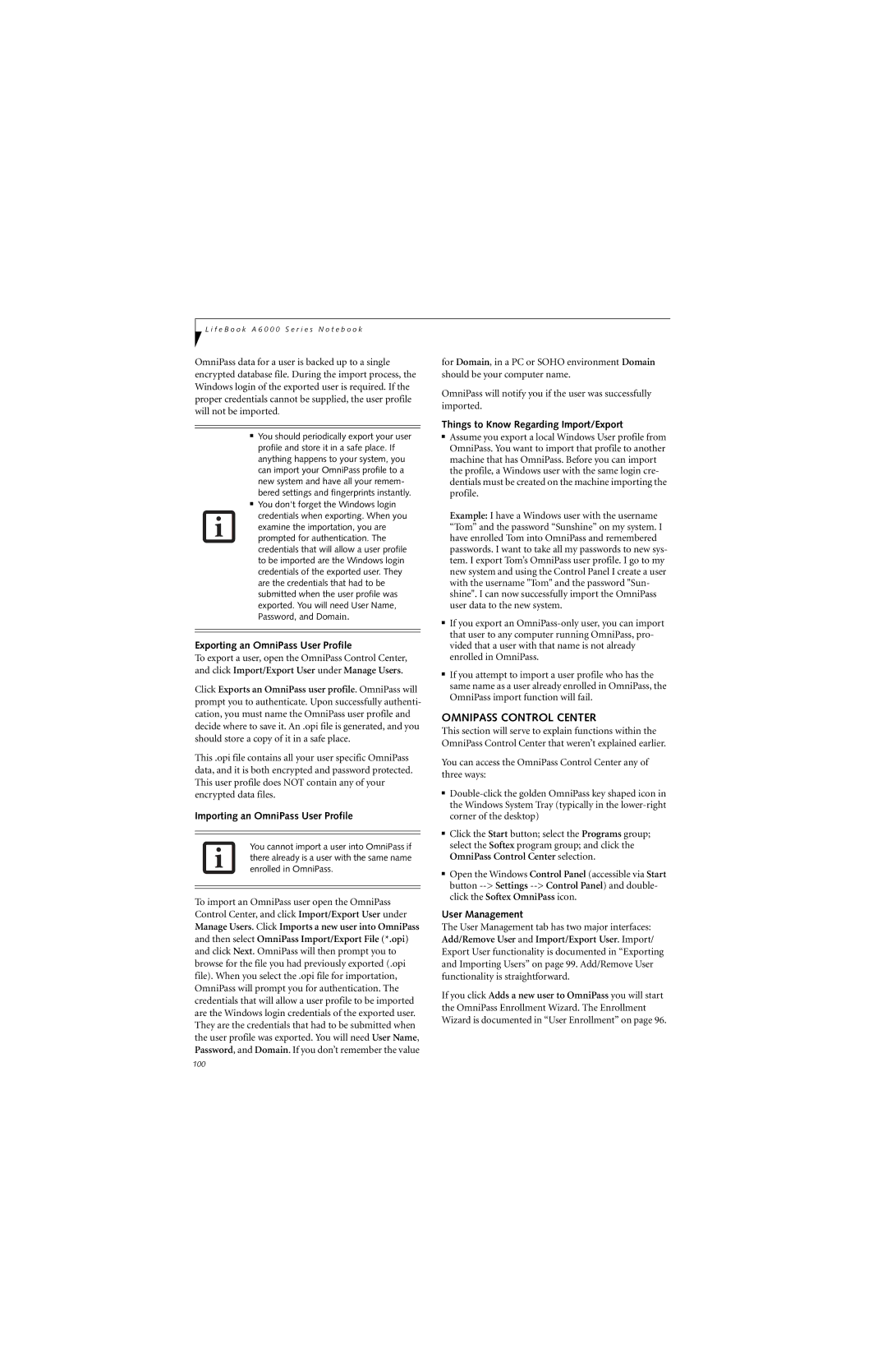 Fujitsu Siemens Computers A6025 manual Omnipass Control Center, Exporting an OmniPass User Profile, User Management 
