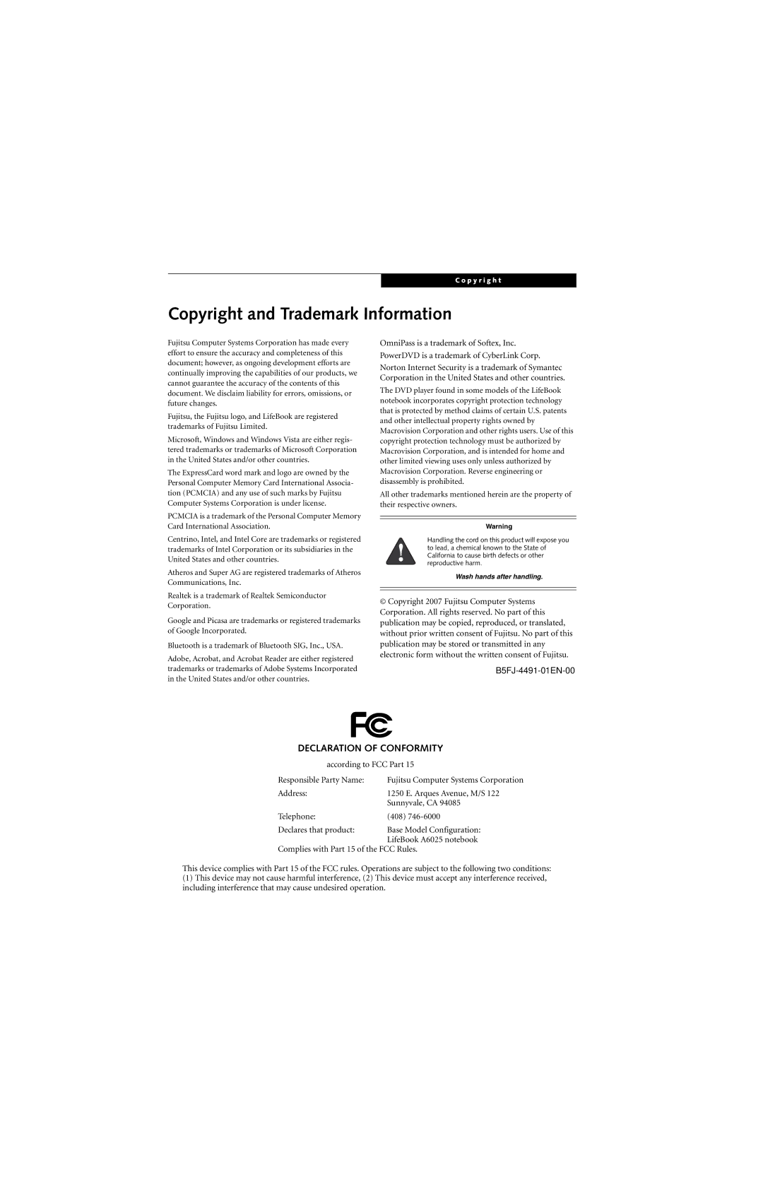 Fujitsu Siemens Computers A6025 manual Copyright and Trademark Information, Declaration of Conformity 