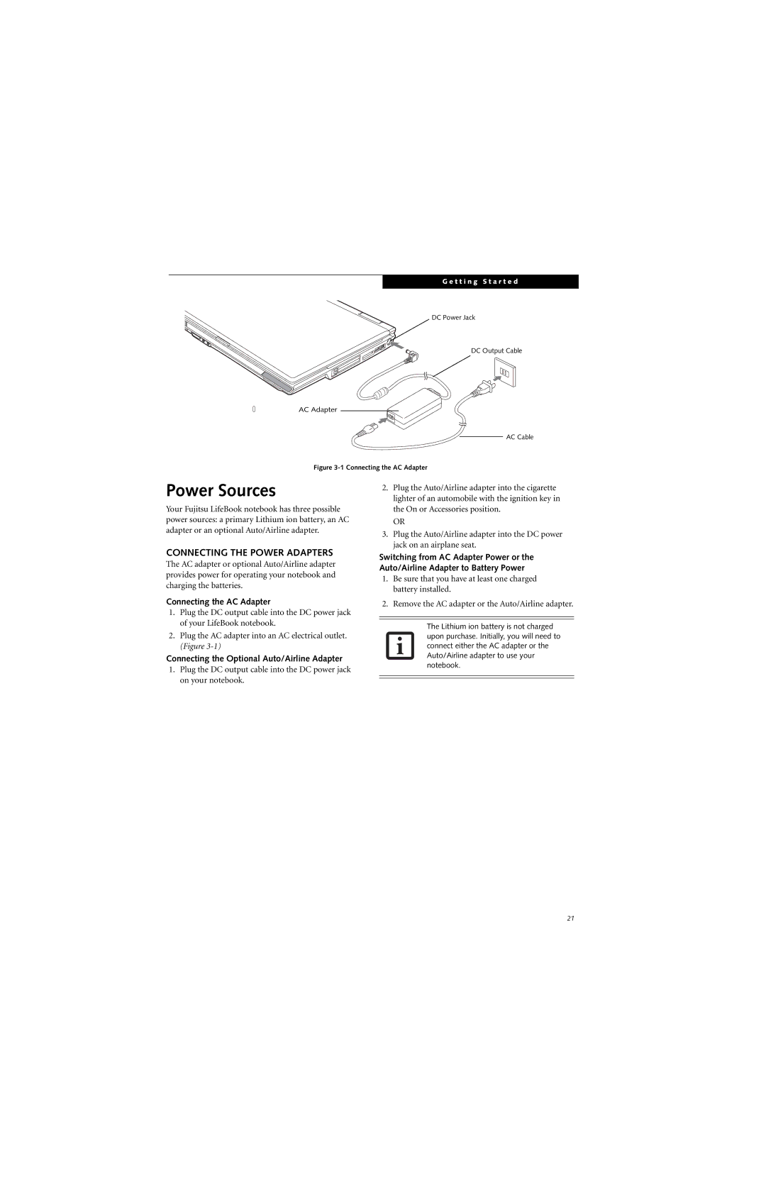 Fujitsu Siemens Computers A6025 manual Power Sources, Connecting the Power Adapters, Connecting the AC Adapter 