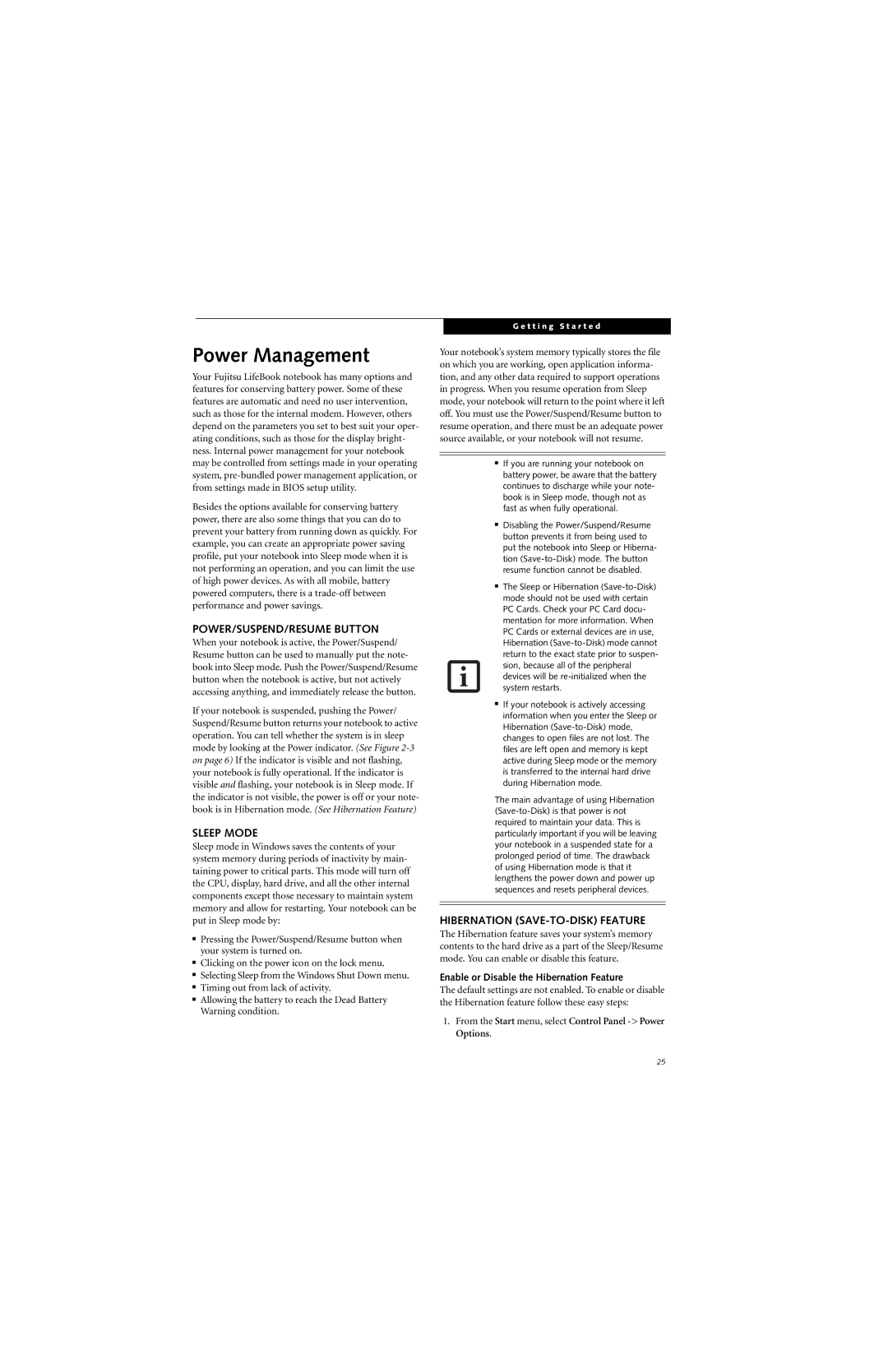 Fujitsu Siemens Computers A6025 manual Power Management, POWER/SUSPEND/RESUME Button, Sleep Mode 