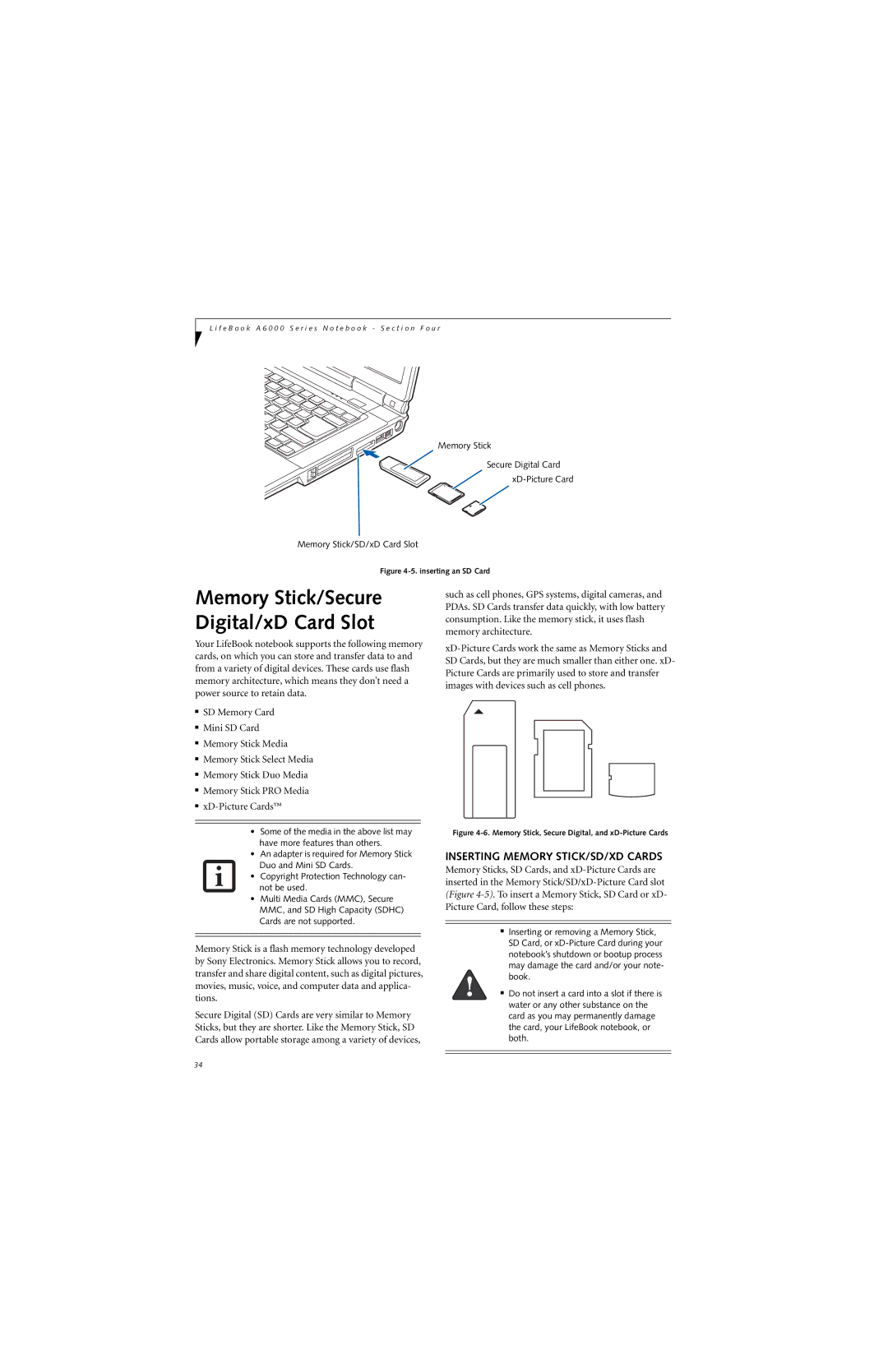 Fujitsu Siemens Computers A6025 manual Memory Stick/Secure Digital/xD Card Slot, Inserting Memory STICK/SD/XD Cards 