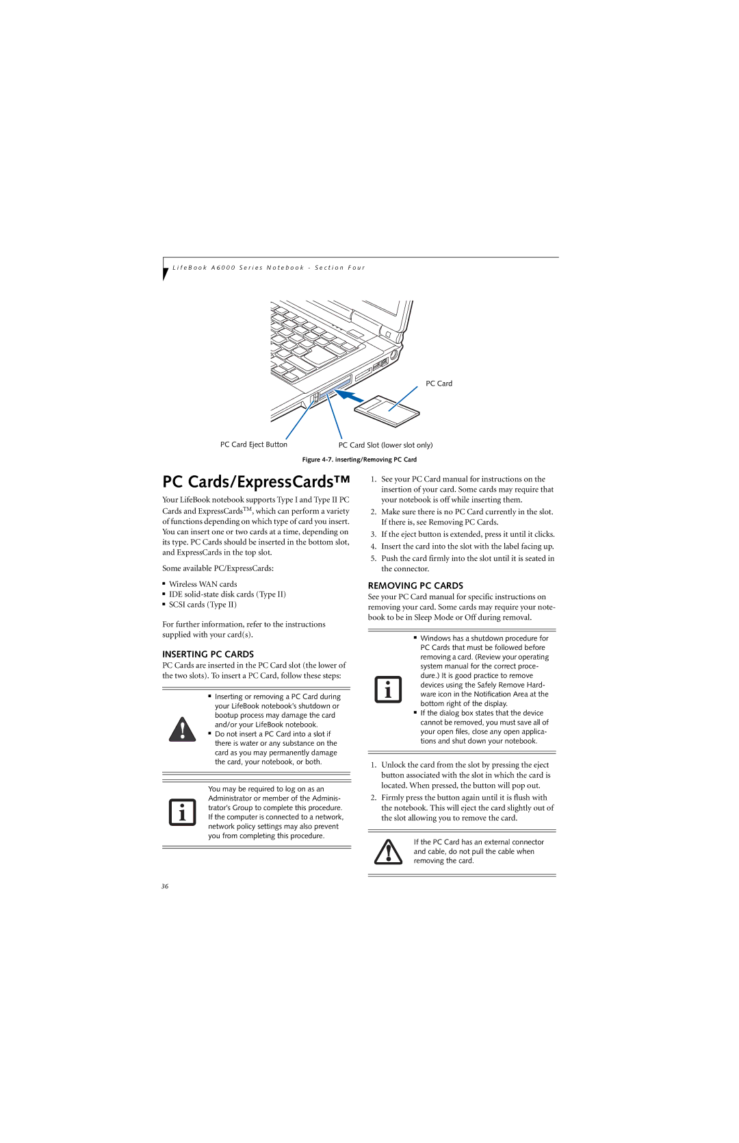 Fujitsu Siemens Computers A6025 manual Inserting PC Cards, Removing PC Cards 