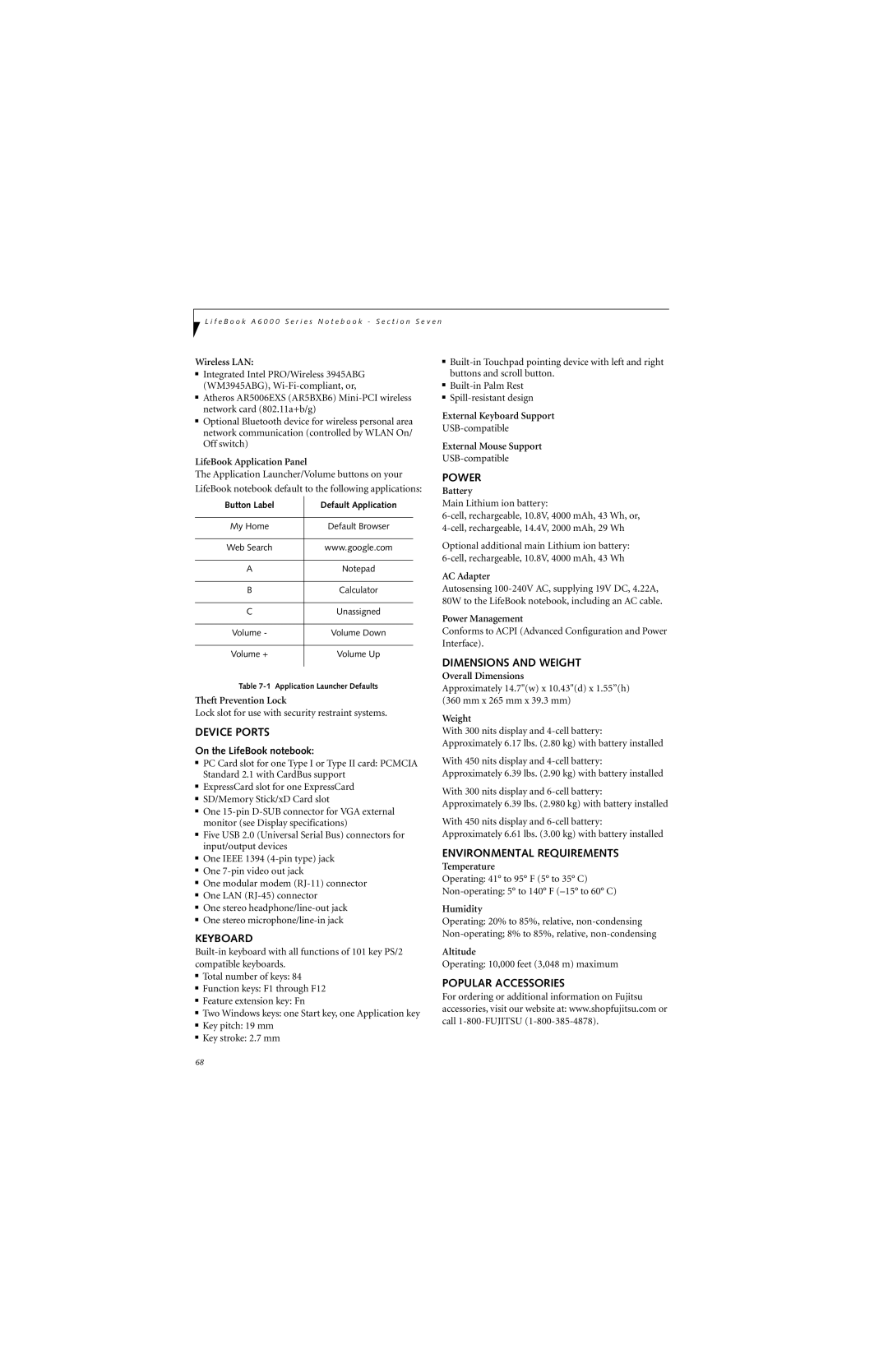 Fujitsu Siemens Computers A6025 manual Device Ports, Keyboard, Power, Dimensions and Weight, Environmental Requirements 