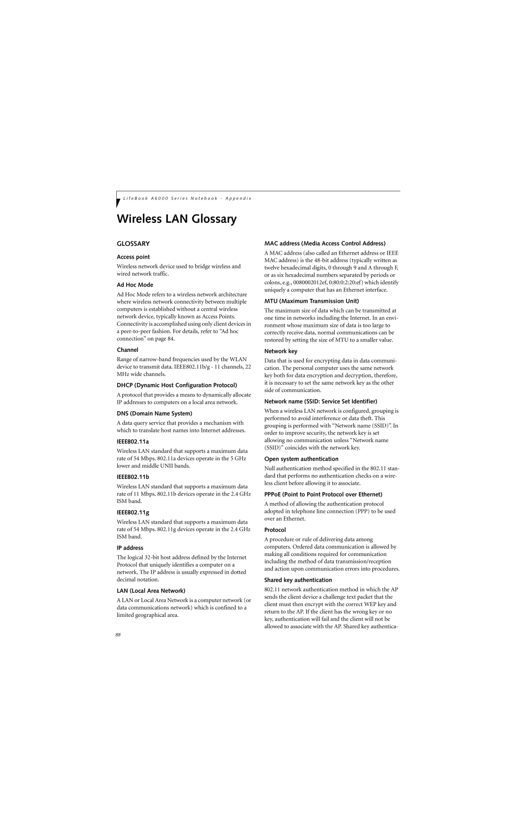 Fujitsu Siemens Computers A6025 manual Wireless LAN Glossary 