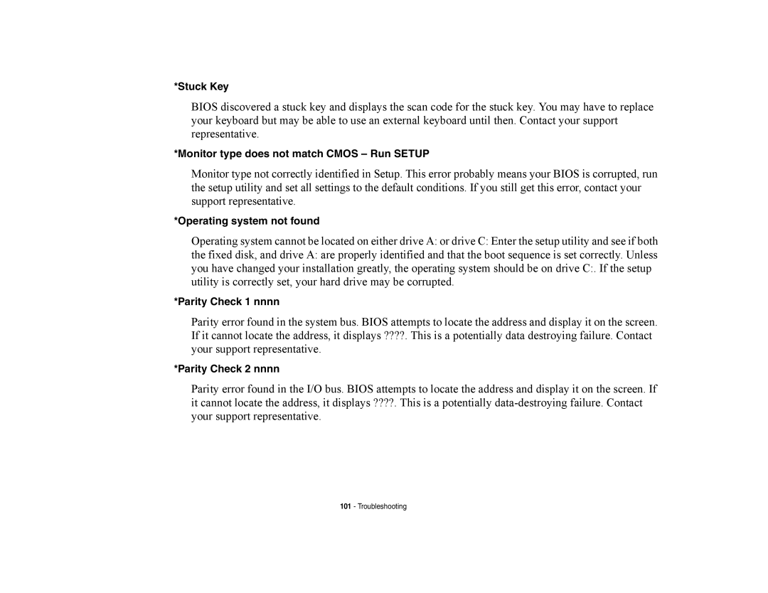 Fujitsu Siemens Computers A6210 manual Stuck Key, Monitor type does not match Cmos Run Setup, Operating system not found 