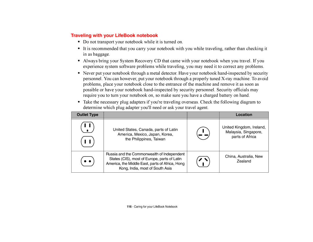 Fujitsu Siemens Computers A6210 manual Traveling with your LifeBook notebook, Outlet Type Location 