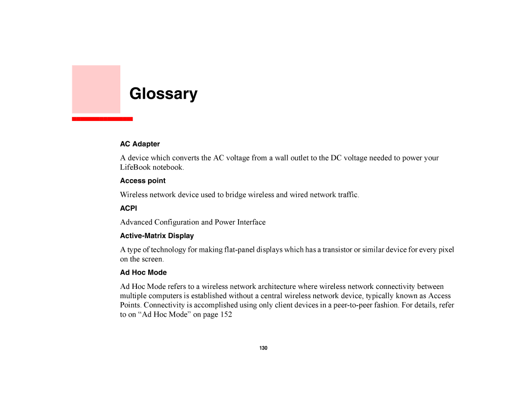 Fujitsu Siemens Computers A6210 manual Glossary, Access point, Active-Matrix Display, Ad Hoc Mode 