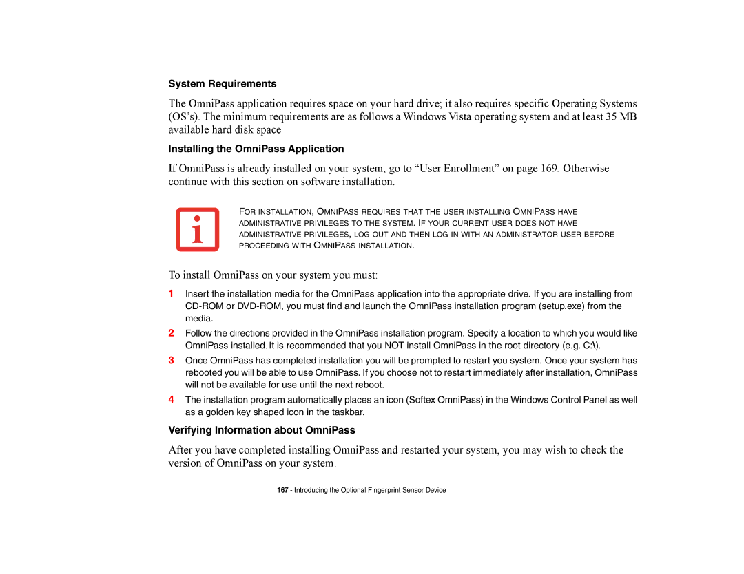 Fujitsu Siemens Computers A6210 manual System Requirements, Installing the OmniPass Application 