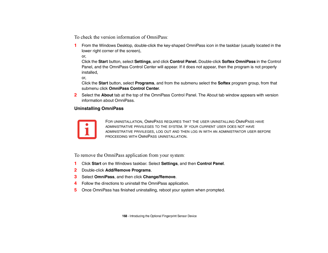 Fujitsu Siemens Computers A6210 manual Uninstalling OmniPass, Double-clickAdd/Remove Programs 