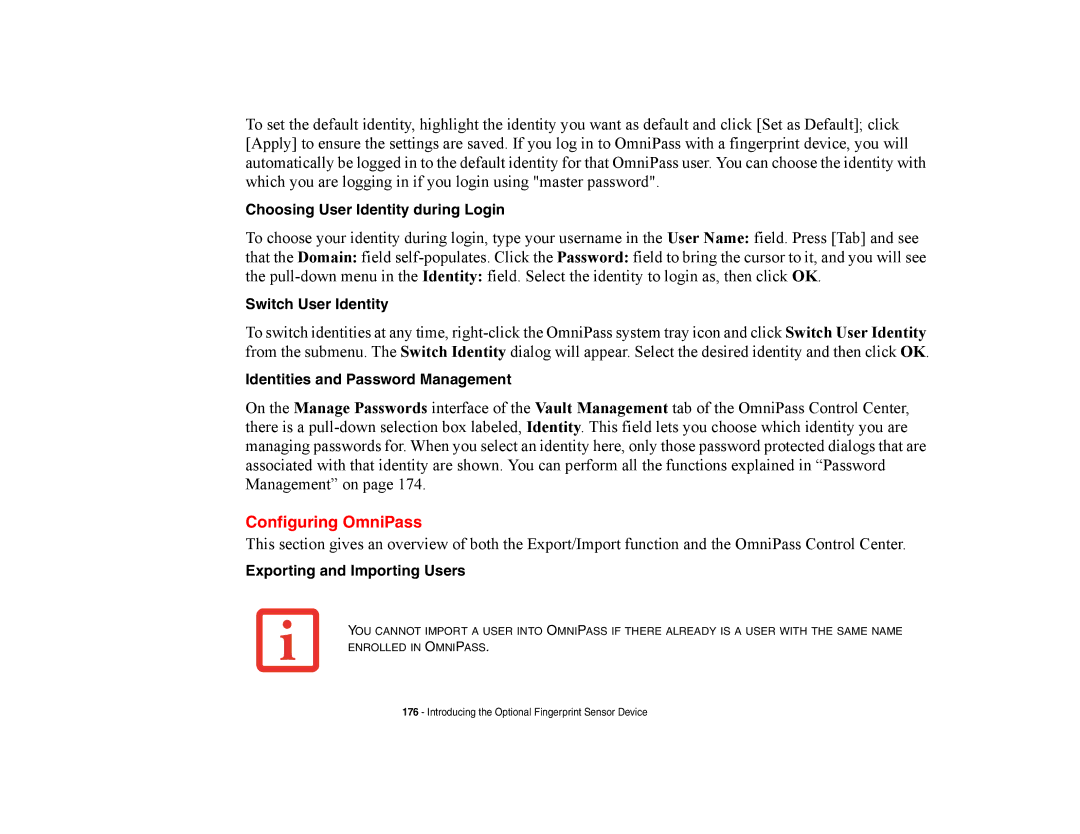 Fujitsu Siemens Computers A6210 manual Configuring OmniPass, Choosing User Identity during Login, Switch User Identity 
