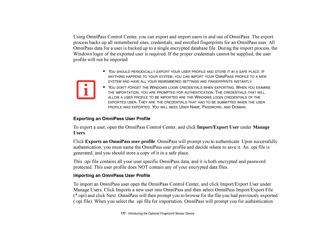 Fujitsu Siemens Computers A6210 manual Exporting an OmniPass User Profile, Importing an OmniPass User Profile 