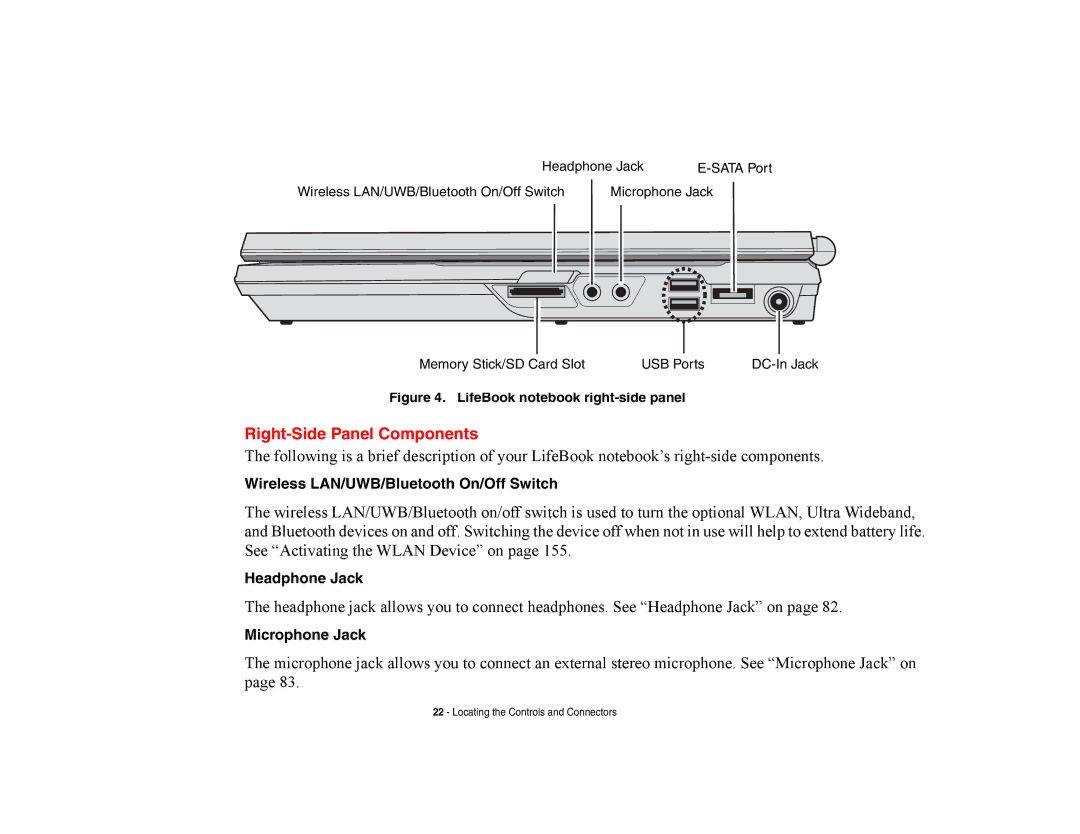 Fujitsu Siemens Computers A6210 Right-Side Panel Components, Wireless LAN/UWB/Bluetooth On/Off Switch, Headphone Jack 