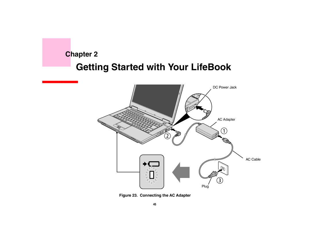 Fujitsu Siemens Computers A6210 manual Getting Started with Your LifeBook, Connecting the AC Adapter 