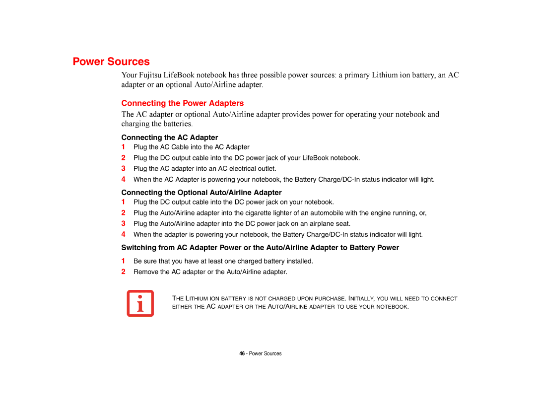 Fujitsu Siemens Computers A6210 manual Power Sources, Connecting the Power Adapters, Connecting the AC Adapter 