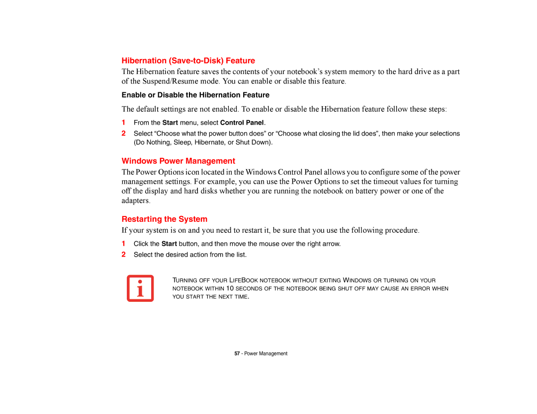 Fujitsu Siemens Computers A6210 manual Hibernation Save-to-Disk Feature, Windows Power Management, Restarting the System 