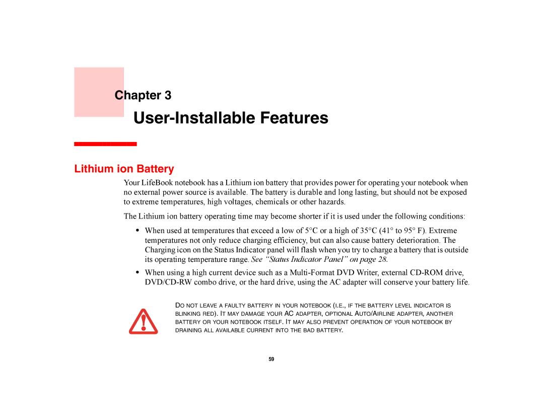 Fujitsu Siemens Computers A6210 manual User-Installable Features, Lithium ion Battery 