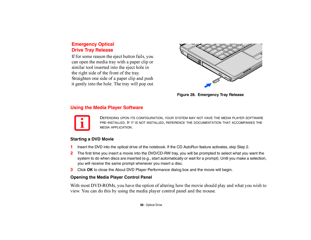 Fujitsu Siemens Computers A6210 manual Emergency Optical Drive Tray Release, Using the Media Player Software 