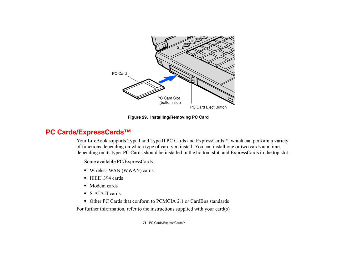 Fujitsu Siemens Computers A6210 manual PC Cards/ExpressCards, Installing/Removing PC Card 